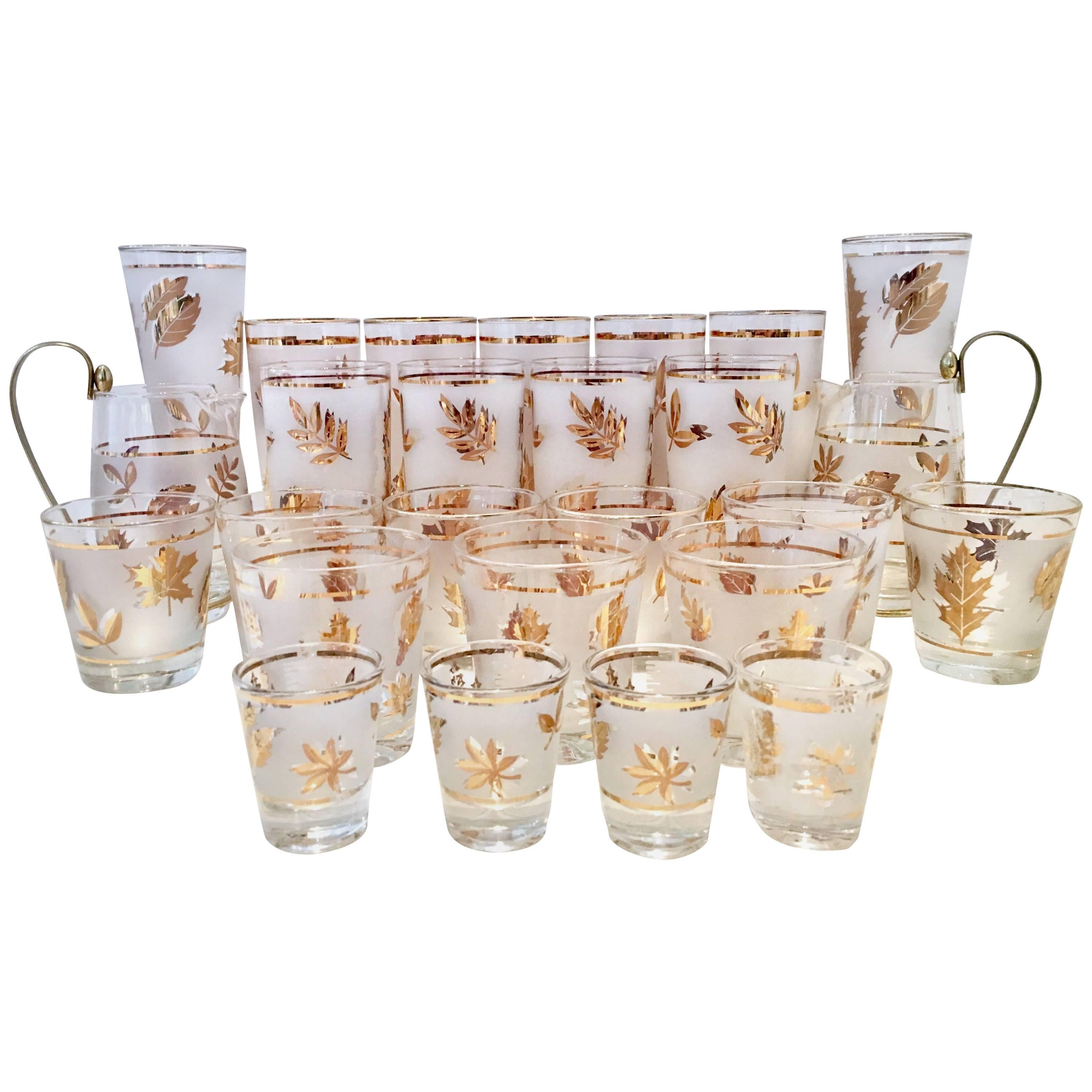 Mid-Century Frosted & 22 Karat Gold "Leaf" Drinks S/26 For Sale