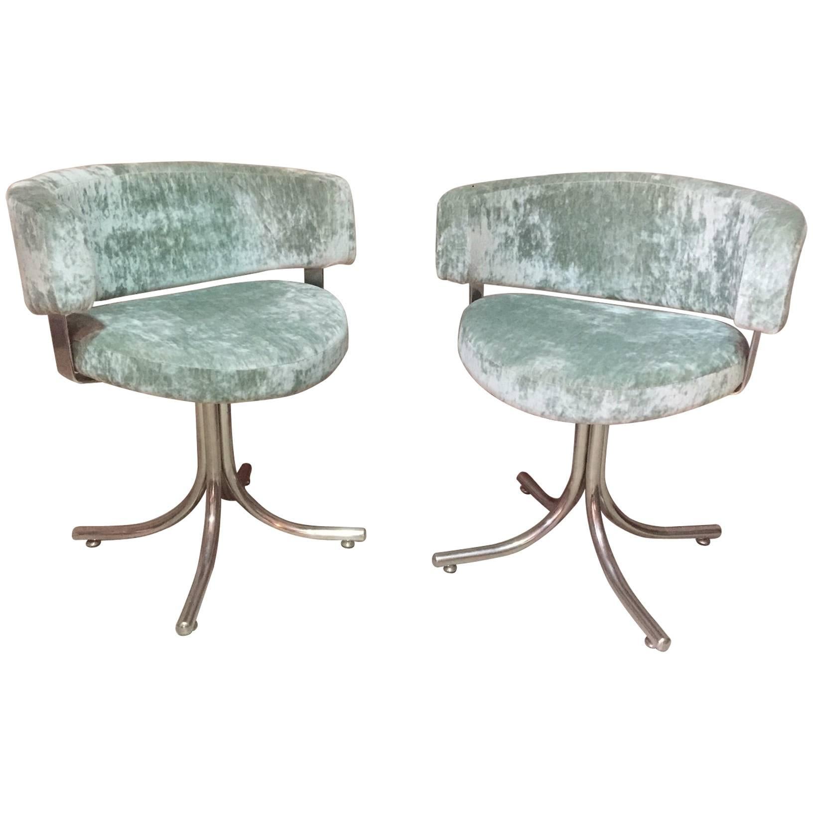 Green Velvet Design Pair of Chromed Metal Armchairs, 1960s