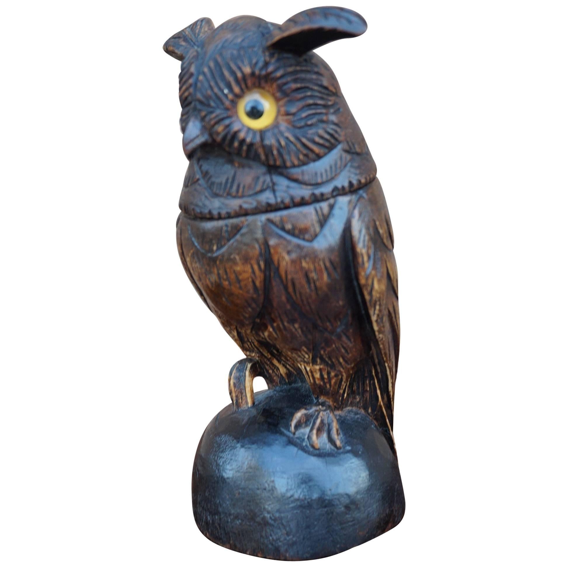 Antique Hand-Carved Black Forest Owl Sculpture with Glass Eyes and Brass Inkwell