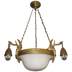 Antique & Striking Empire Style Gilt Bronze and Alabaster Pendant Light Fixture