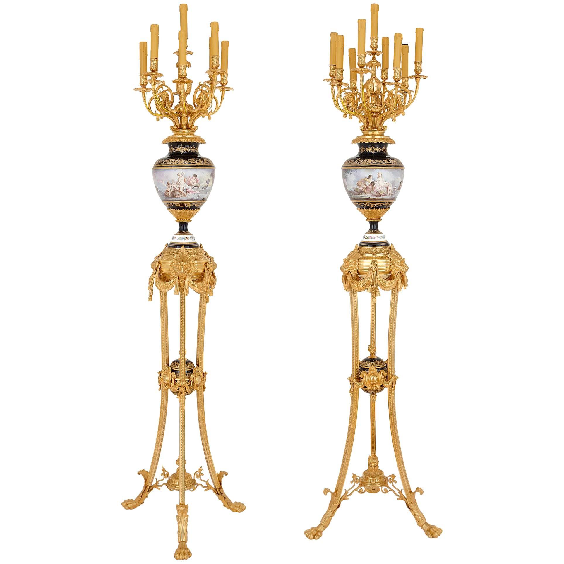 Pair of Sevres Style Porcelain and Gilt Bronze Floor Standing Torcheres