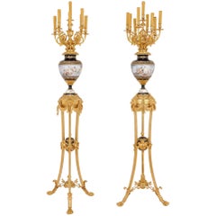 Pair of Sevres Style Porcelain and Gilt Bronze Floor Standing Torcheres