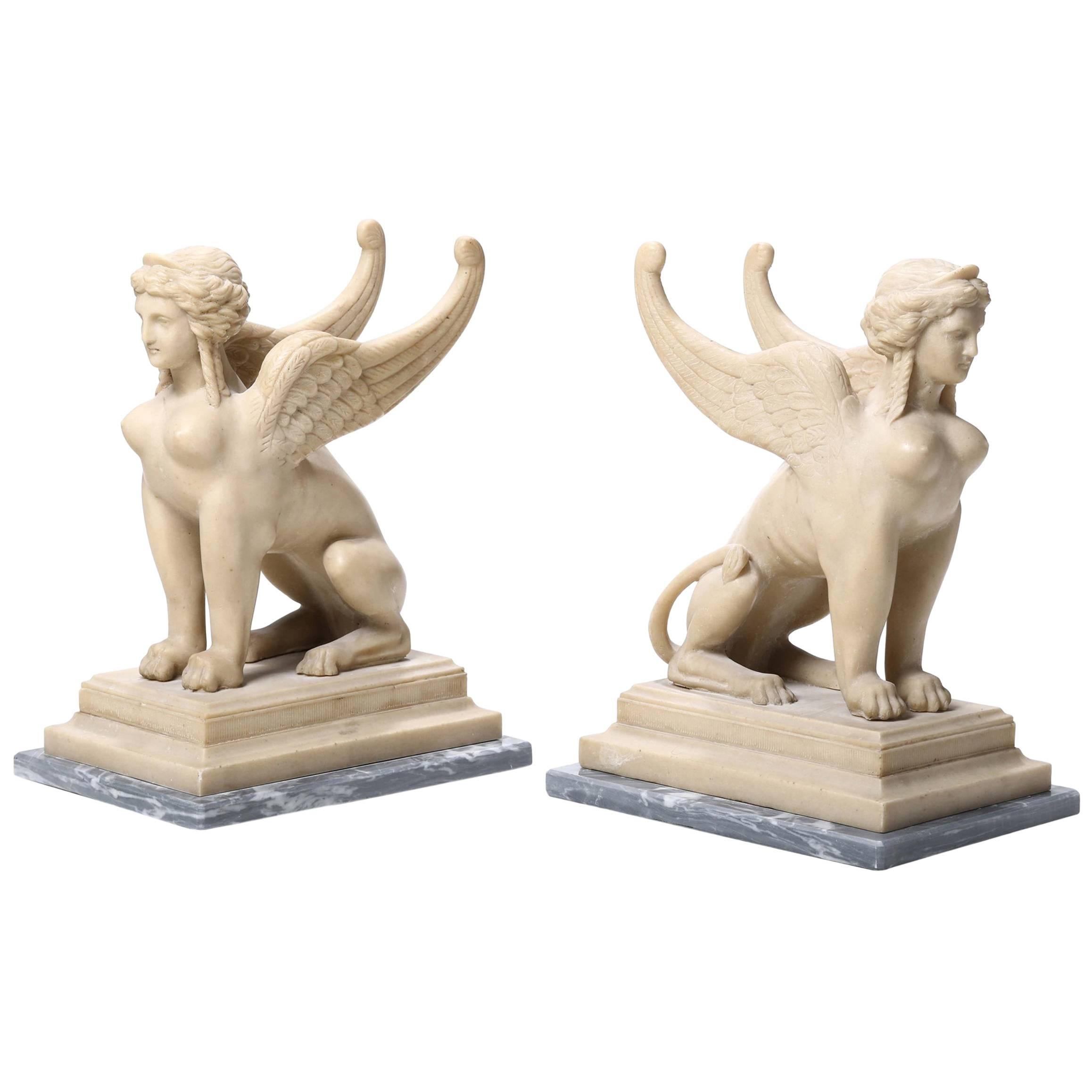 19th Century Neoclassical Italian White Alabaster Animal Sculpture of Sphinx