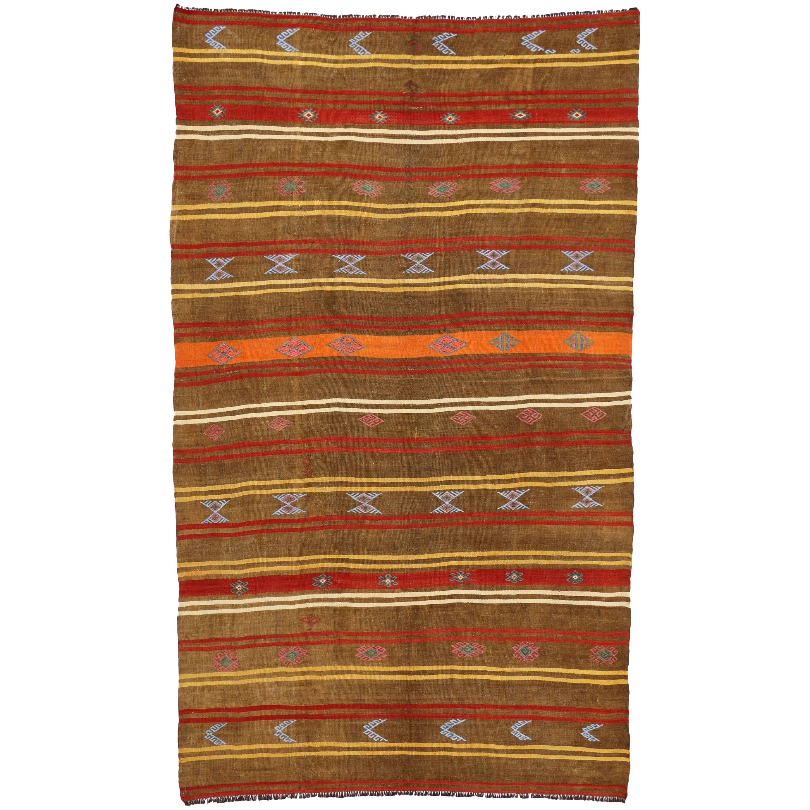 Vintage Turkish Kilim Rug with Bohemian Tribal Design and Modern Cabin Style