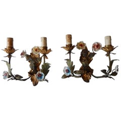 Antique 19th Century Italian Tole and Porcelain Flowers Sconces