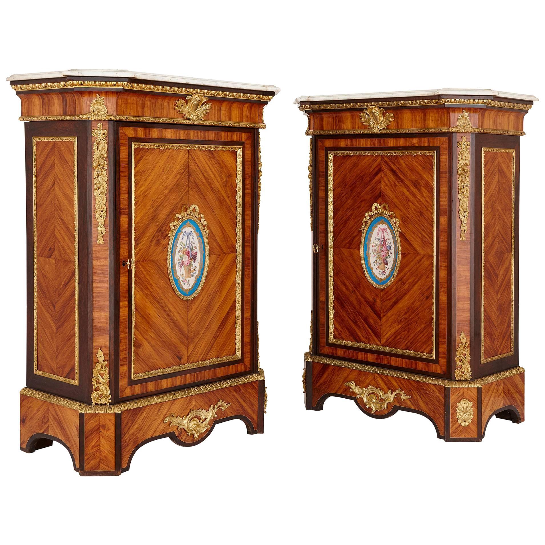 Pair of Antique French Wooden Cabinets with Sèvres Style Porcelain Plaques
