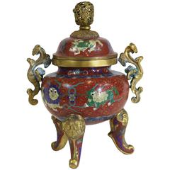 Republic Period Chinese Cloisonne Gilt Tripod Lidded Censer