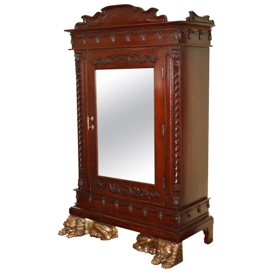 Thai Lion Sentry Mirrored Cabinet For Sale