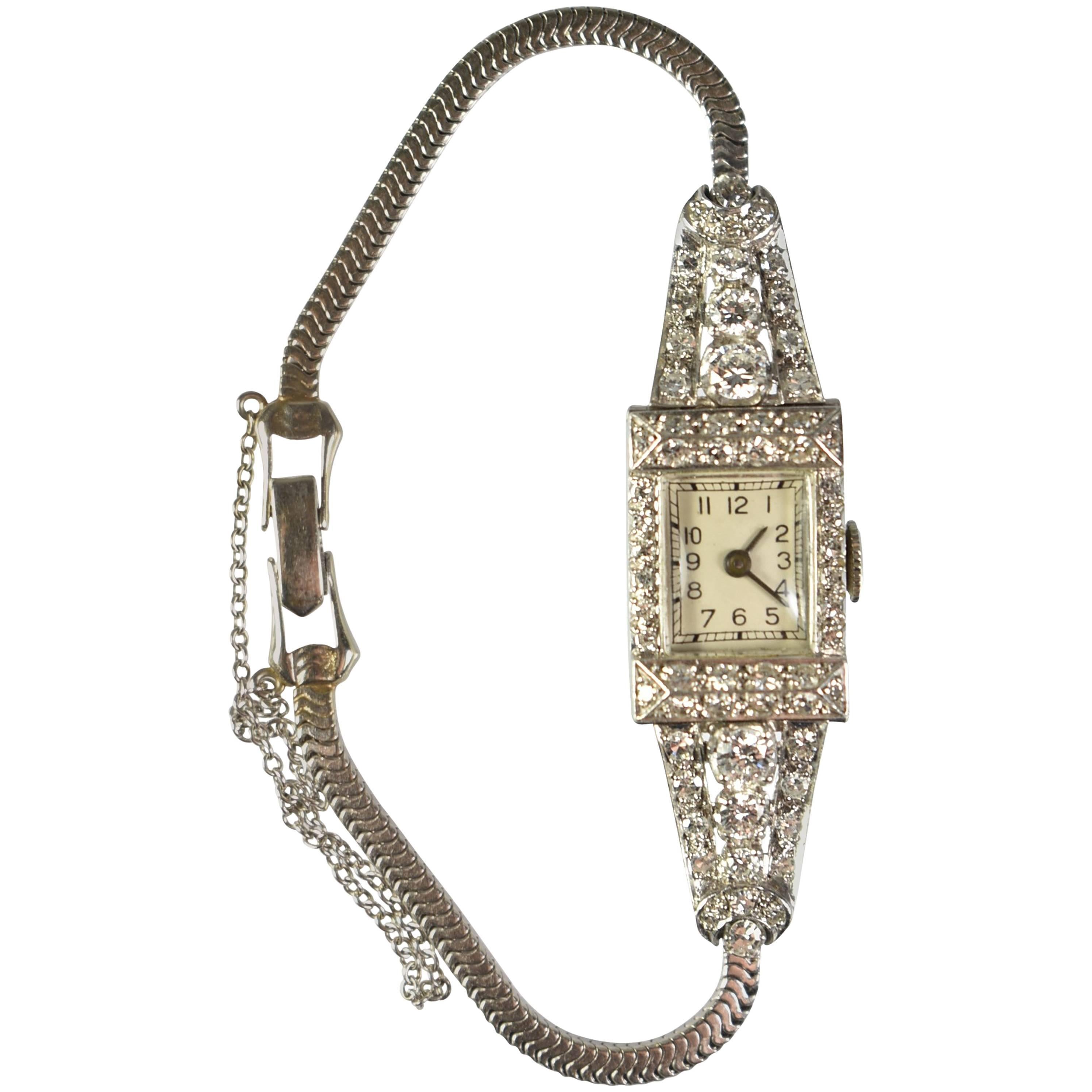 Art Deco Platinum Ladies Wristwatch with Diamonds