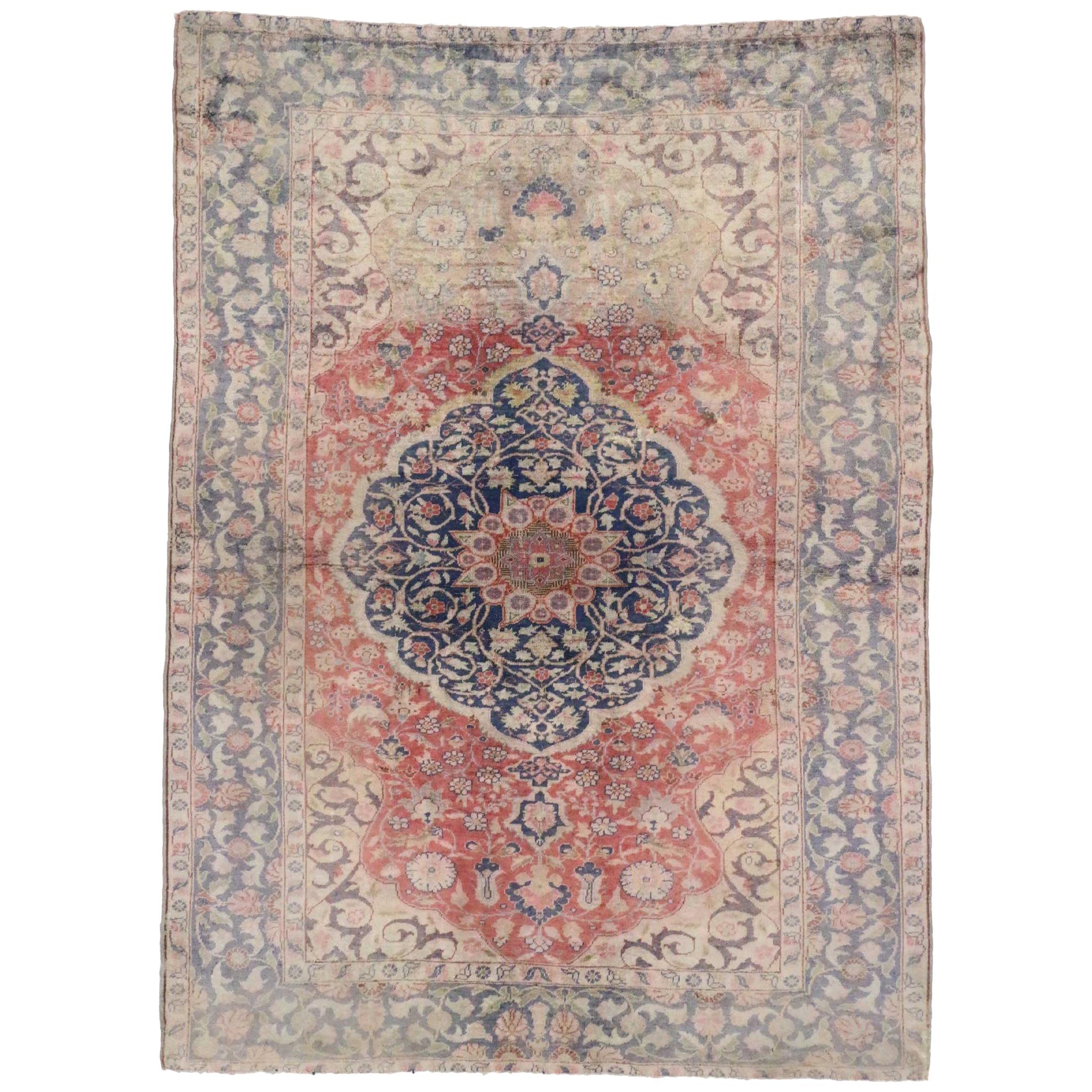 Distressed Vintage Turkish Sivas Rug with Romantic English Country Style