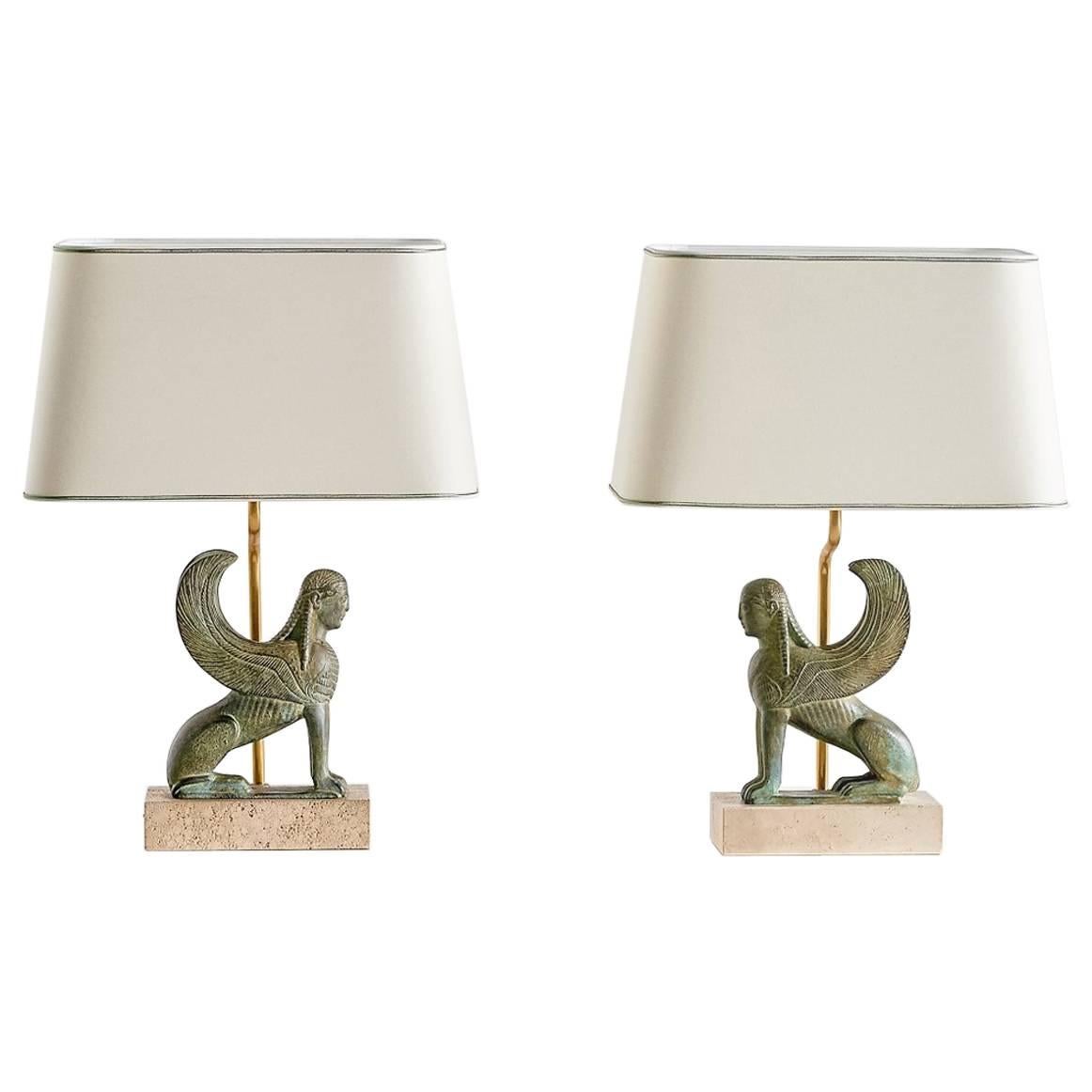 Pair of Maison Le Dauphin Sphinx Table Lamps, France, 1970s