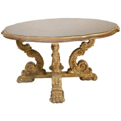 Italian Grotto Style Table with Polychrome Leather Top on Giltwood Base