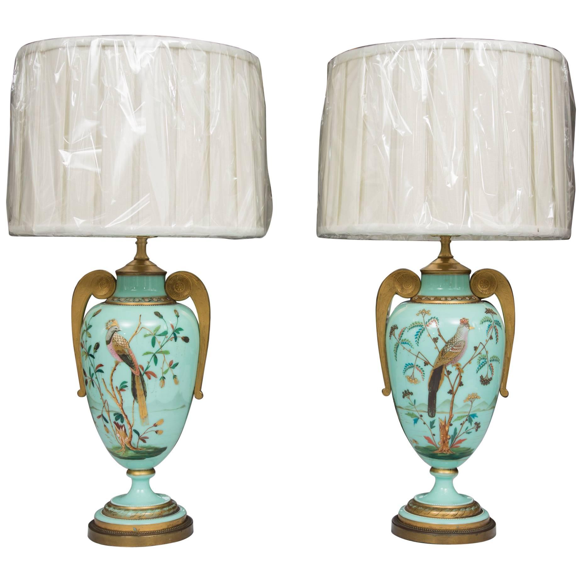 19th Century Hand-Painted French Opaline Lamps