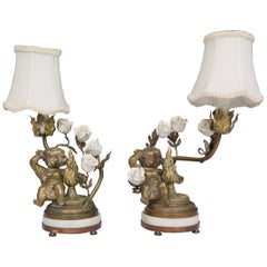 Pair of 19th Century French Bronze Lamps with Putti