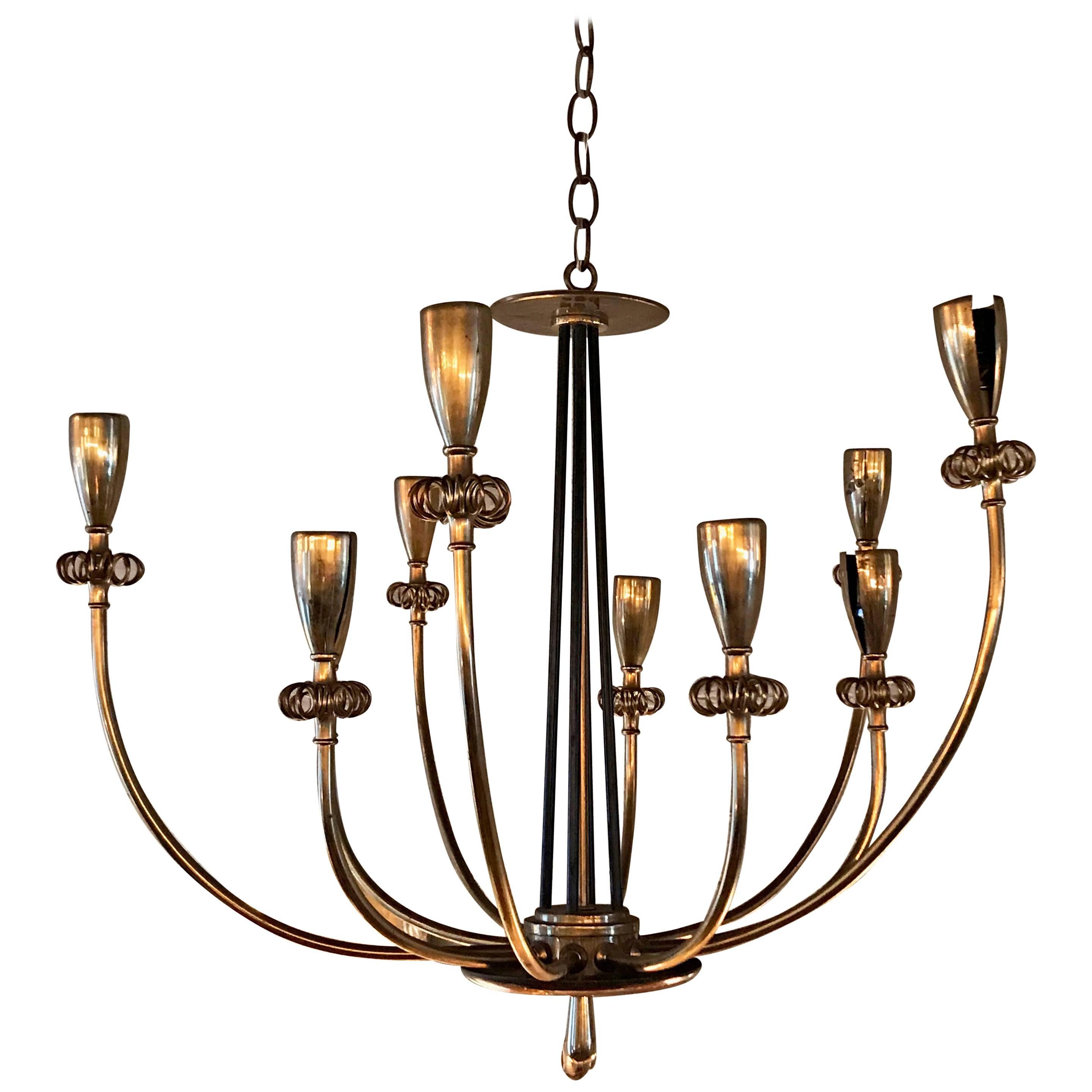Brass Floral Ten-Arm Flush Mount Chandelier Fixture by Paavo Tynell