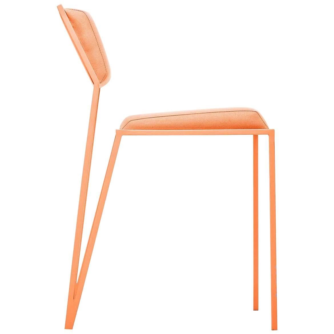 Minimalist Chair in Steel and Smooth Linen, Brazilian Contemporary Style, Orange
