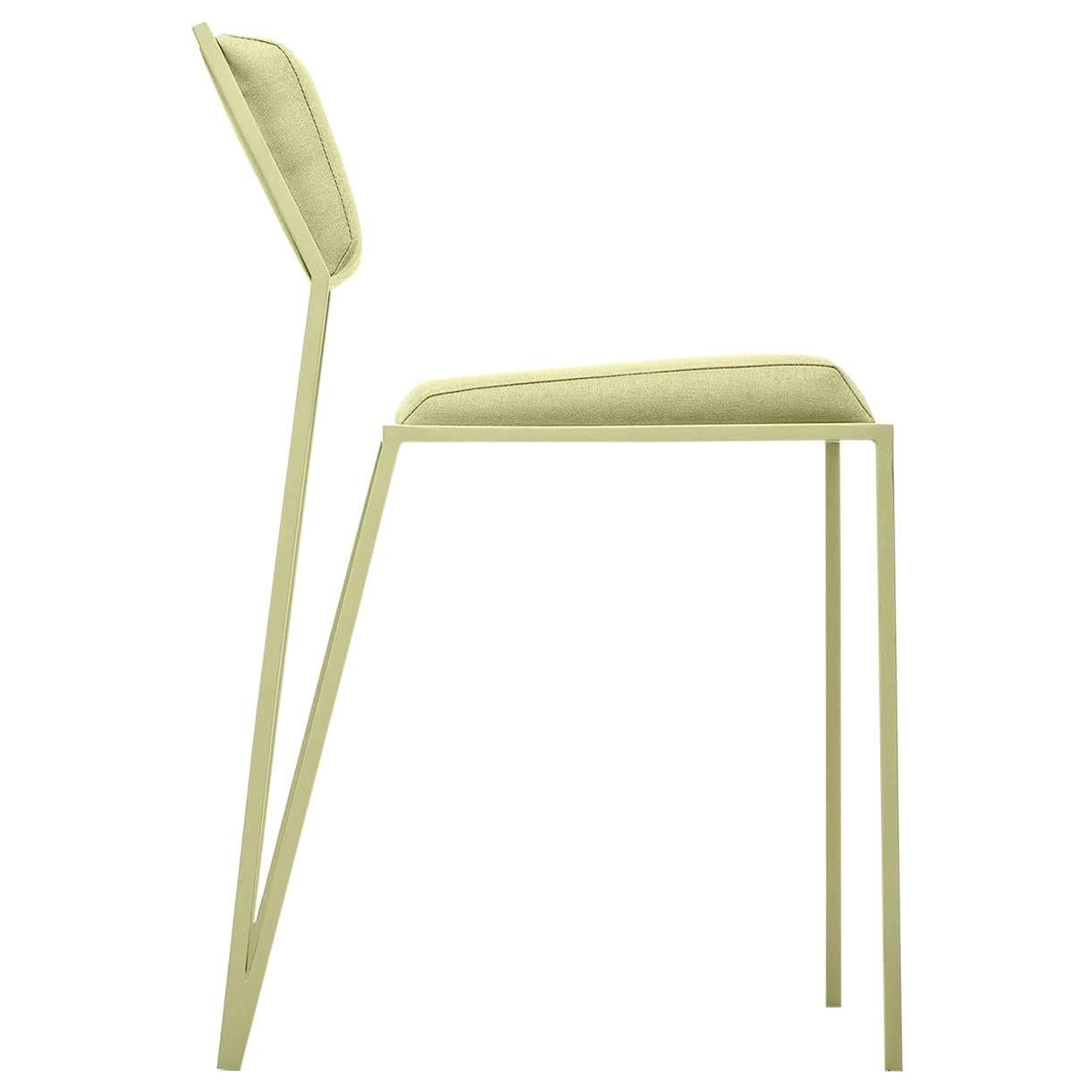 Minimalist Chair in Smooth Linen and Steel, Brazilian Contemporary Style, Olive