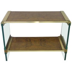 Pace Designed Small Glass, Brass and Burl Wood Console Table