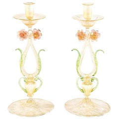 Antique Pair of Large Salviati Venetian Figural Floral Candlesticks