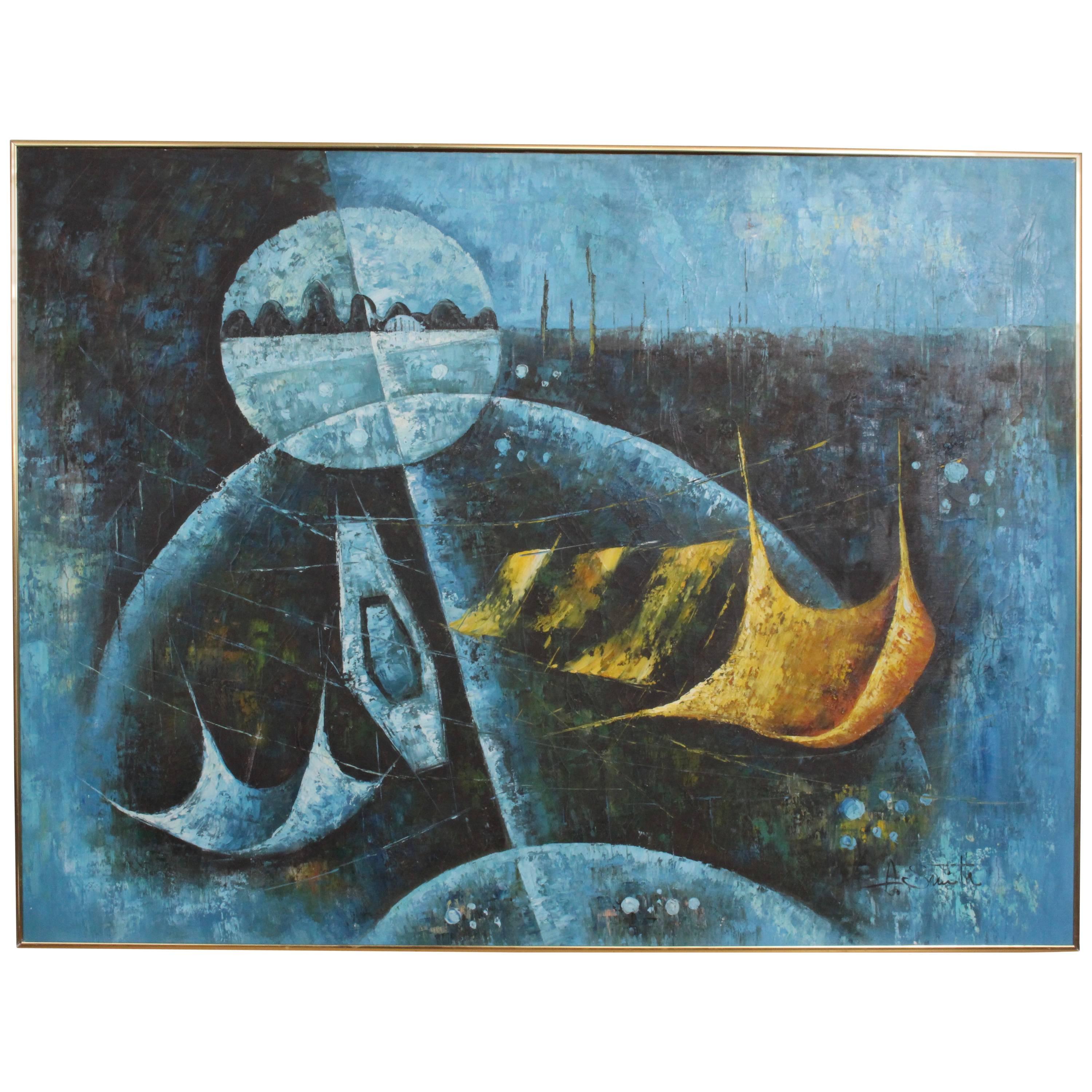 Peinture abstraite Sci Fi bleu vif et jaune de A. Smith, vers 1960