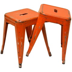 1940s Xavier Pauchard Pair of Model H45 Orange Enamel Metal Tolix Stools