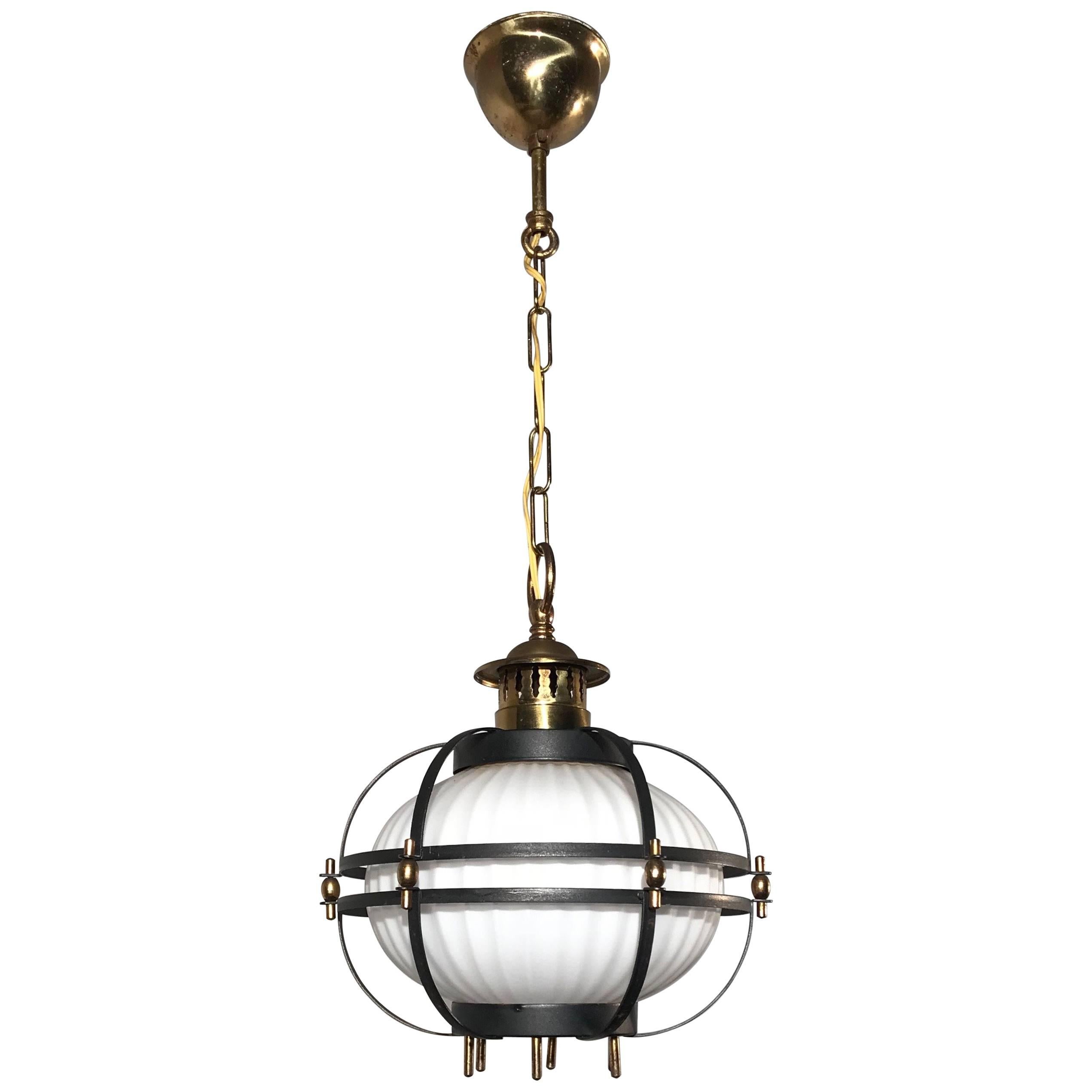 Rare Midcentury Modern Brass, Metal Cage & Glass Shade Design Pendant Light 