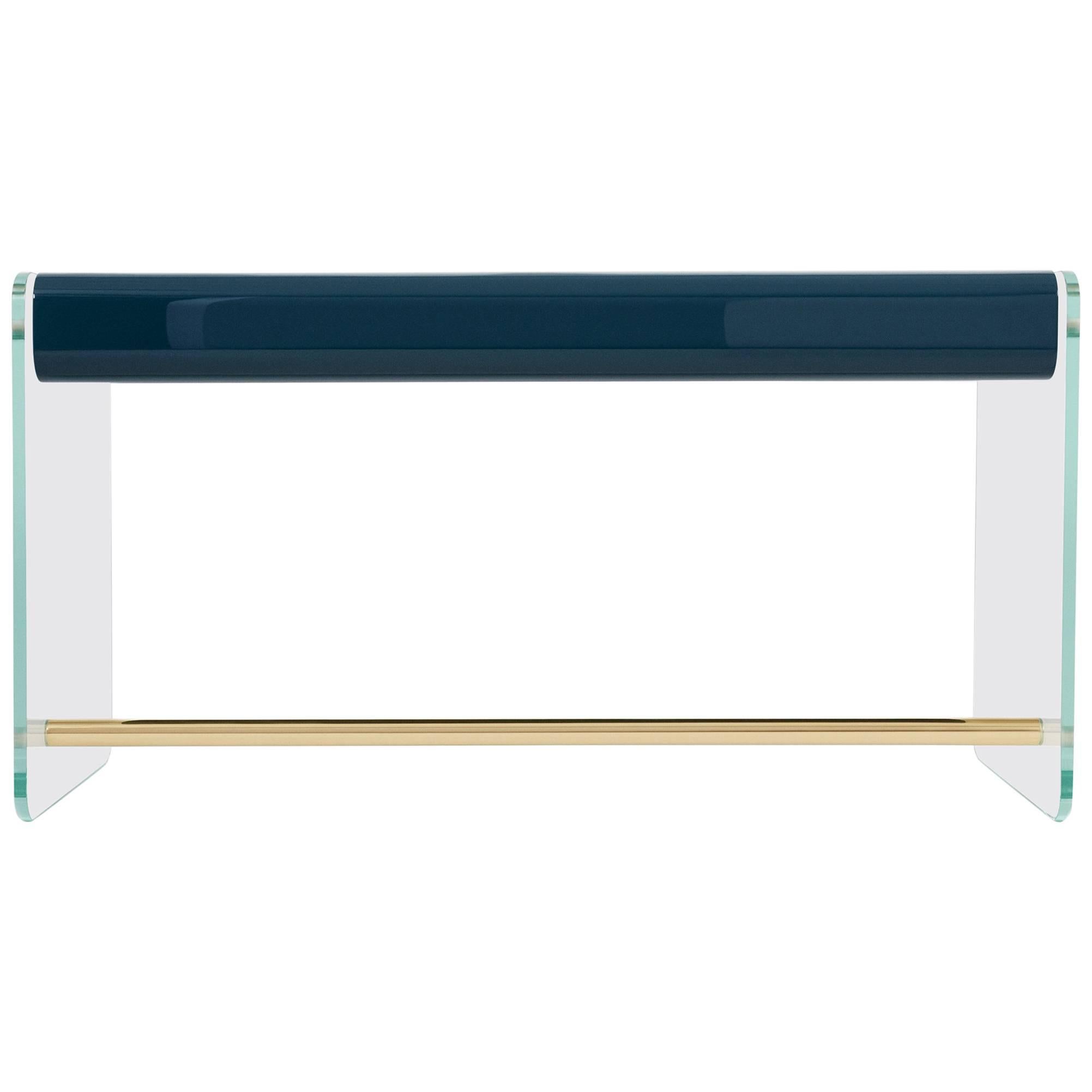 Bureau Marcello in Glass, Gloss Lacquer and Brass, with Velvet and Ebony Drawers