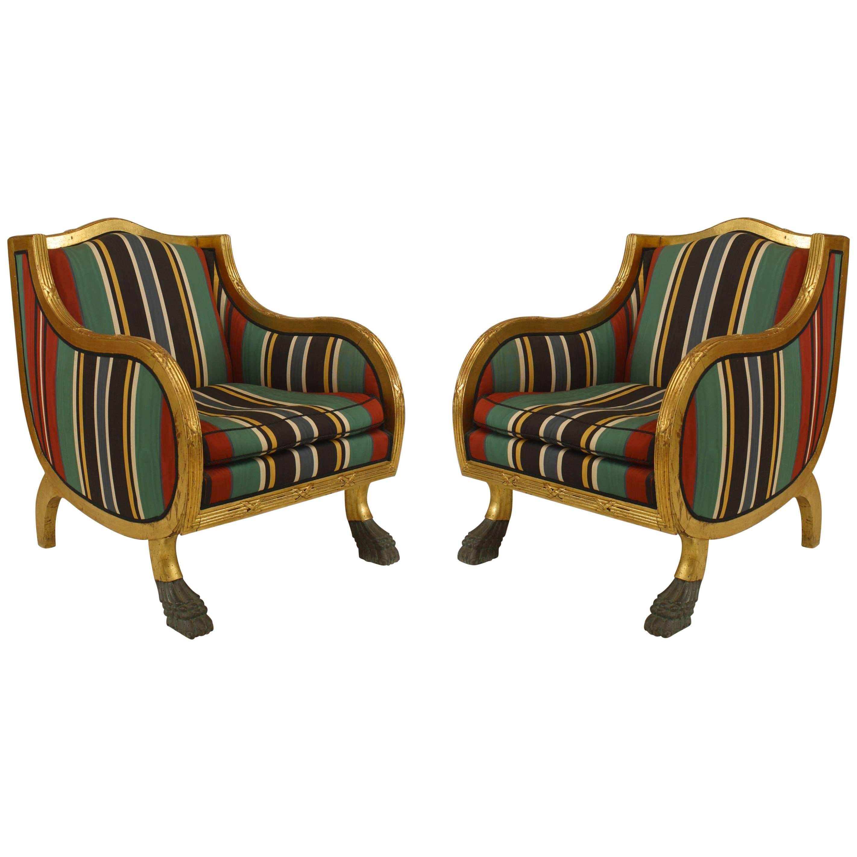 Pair of Swedish Empire Green Stripe Club Chairs For Sale