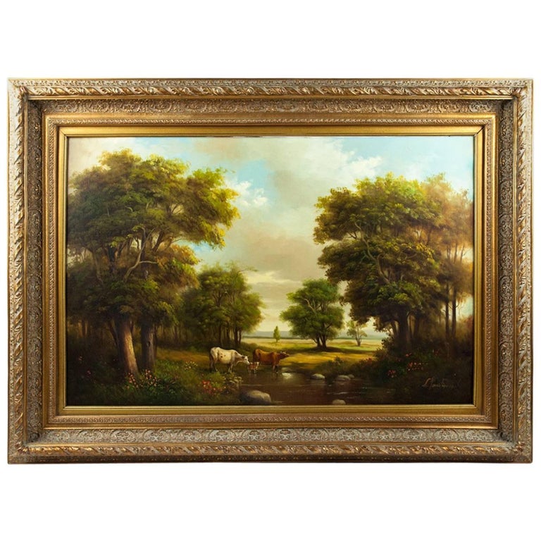 Large Vintage Gilded Wood Framed Pastoral Landscape Oil Painting at 1stDibs  | large vintage oil painting, framed landscape art, large vintage landscape  painting