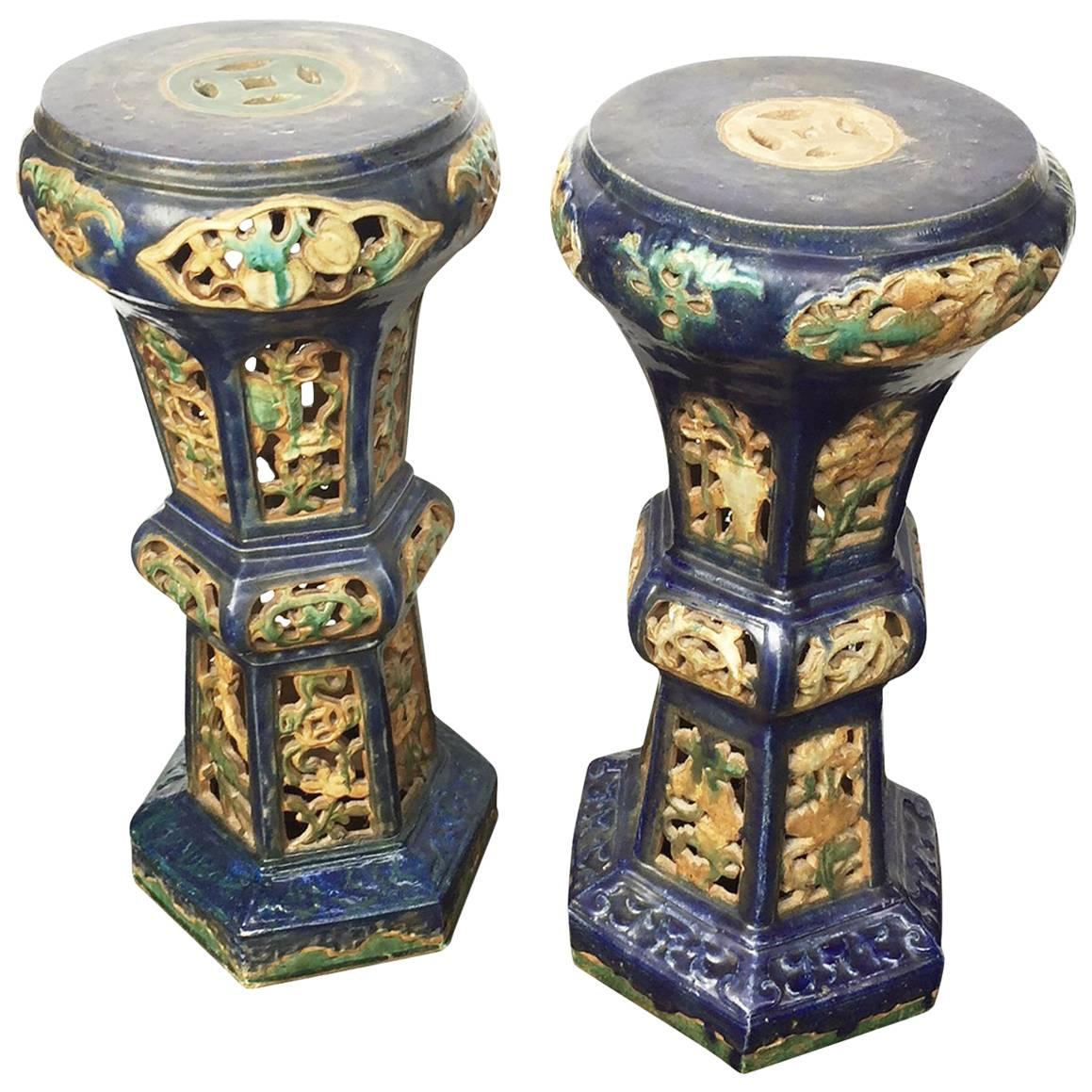 Pair of Antique Chinese Enameled Ceramic Pedestals