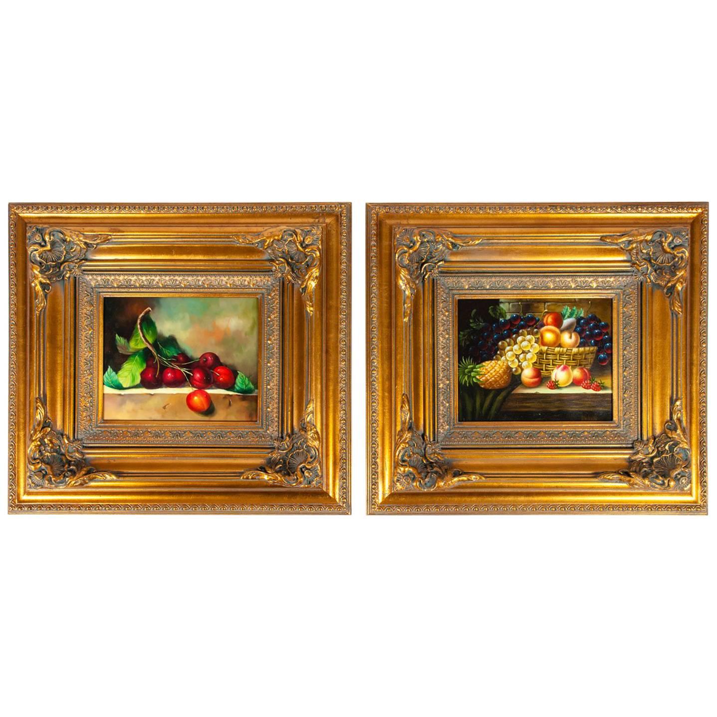 Ornately Pair of Wood Framed Oil Paintings Fruit Still Life