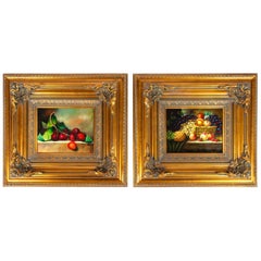 Ornately Pair of Wood Framed Oil Paintings Fruit Still Life