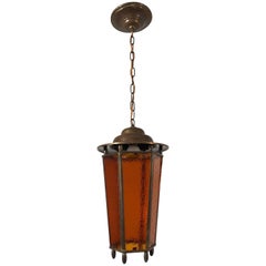 Early 20th Century Arts & Crafts Long Shape Orange Amber Lantern Lamp Pendant