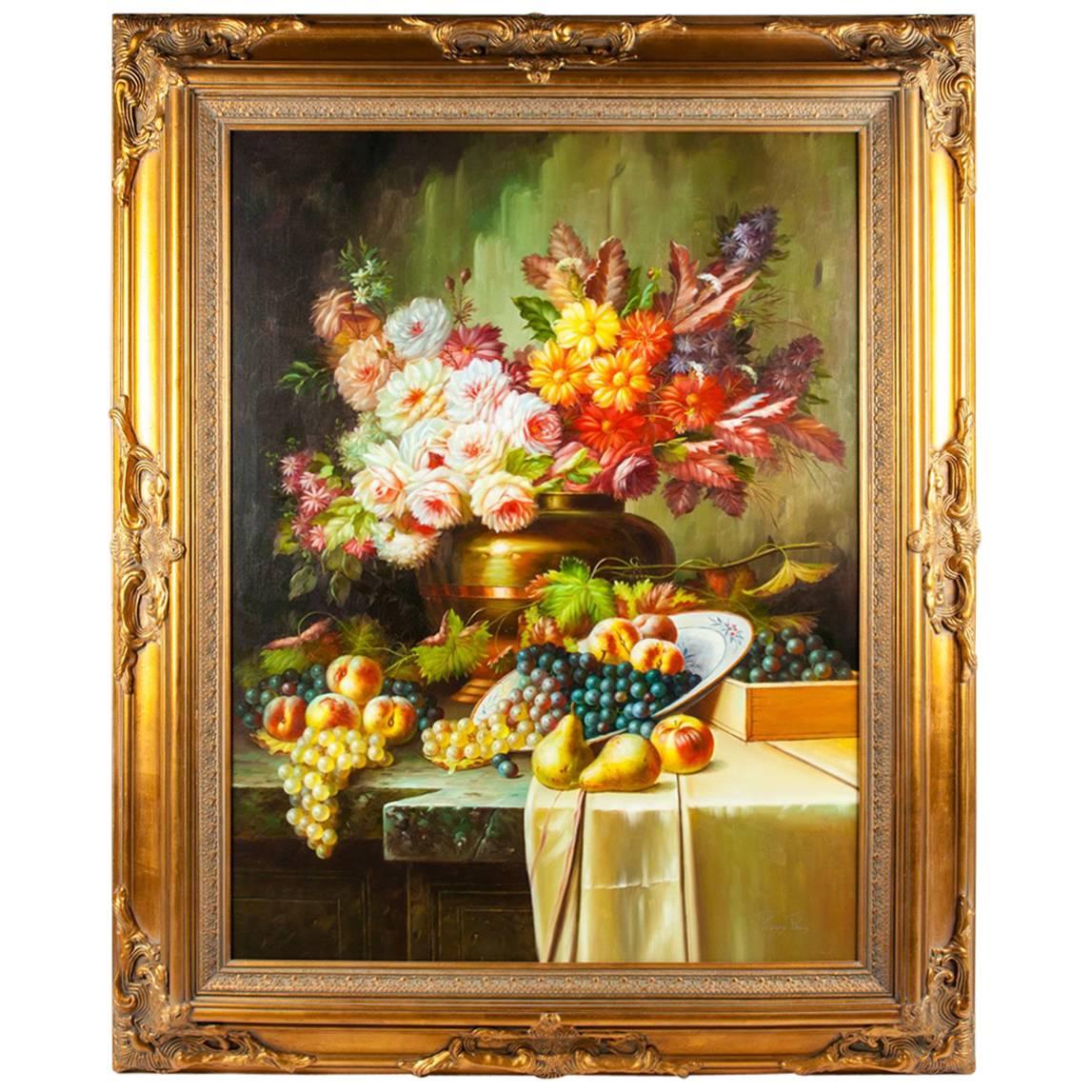 Ornately Gilded Wood Carved Framed Oil Painting Floral Bouquet Still Life