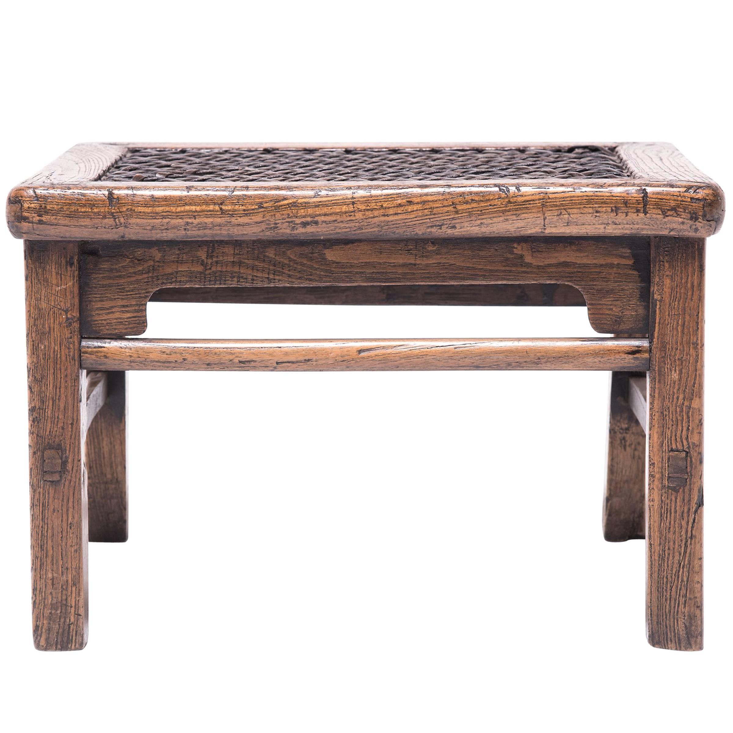 19th Century Chinese Low Stool with Woven Hide Top