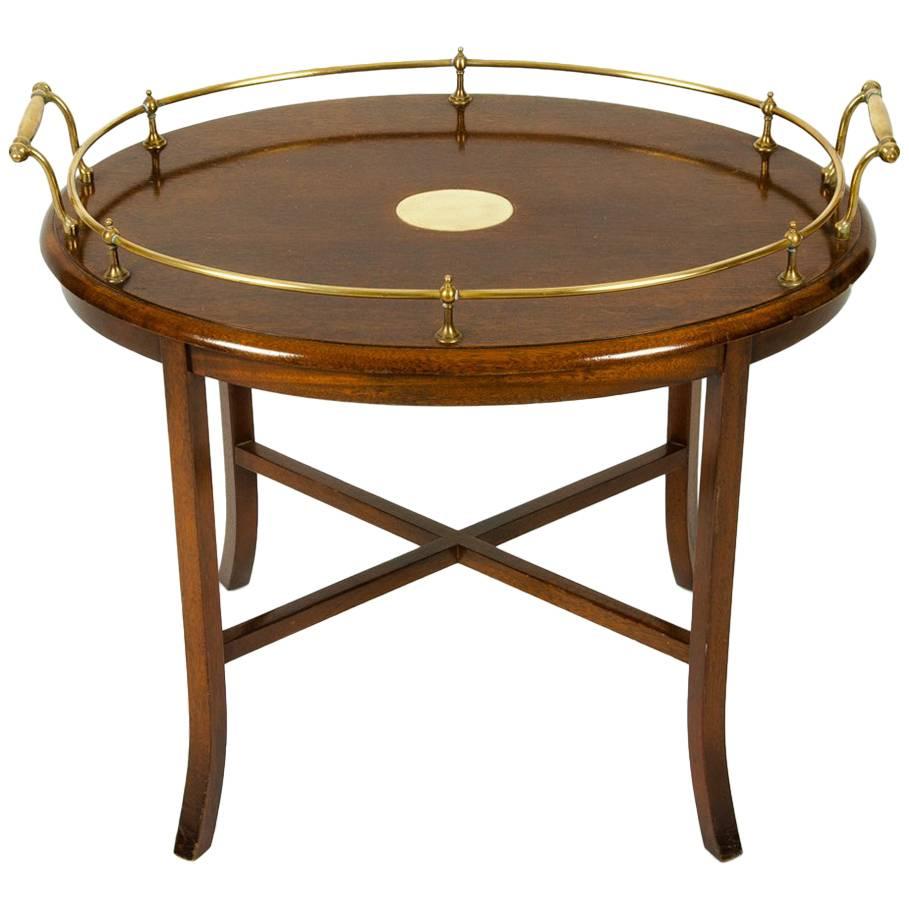 Vintage Mahogany Wood Brass Gallery Tray Top Oval Table