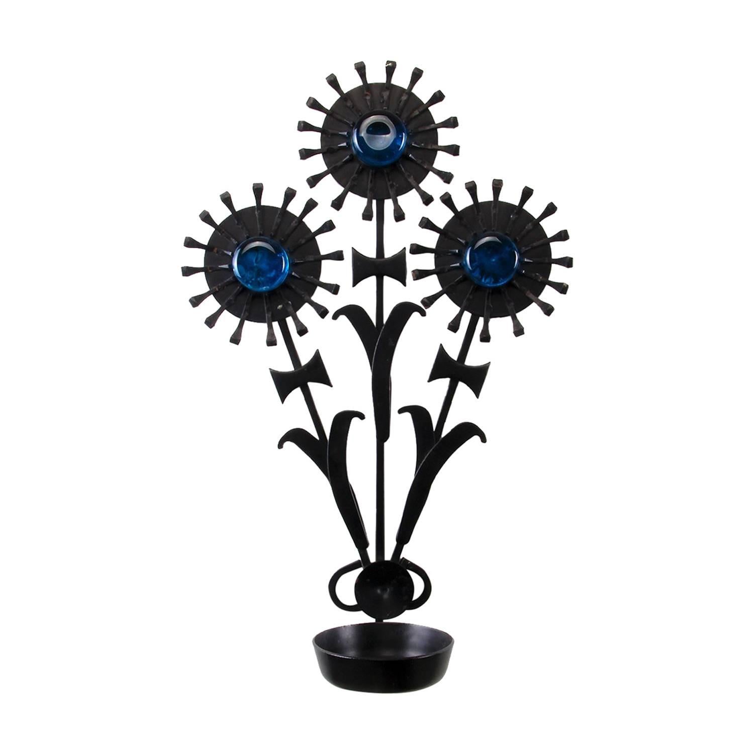 Sconce, Wrought Iron by Dantoft, 1960s, Beautiful Candle Holder with Blue Glass For Sale