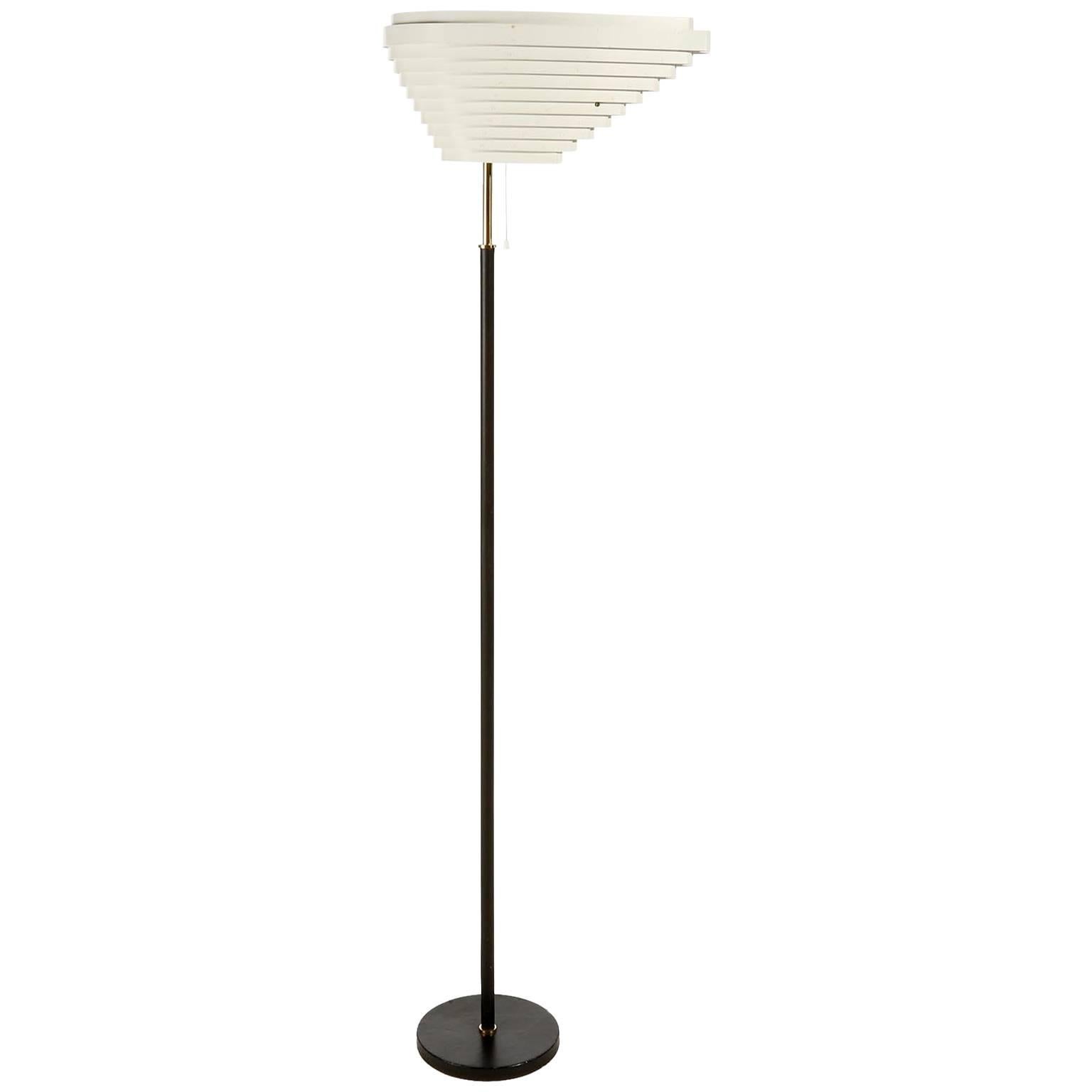 Alvar Aalto Floor Lamp Angel Wing A805, Black Leather Brass White Metal, 1954