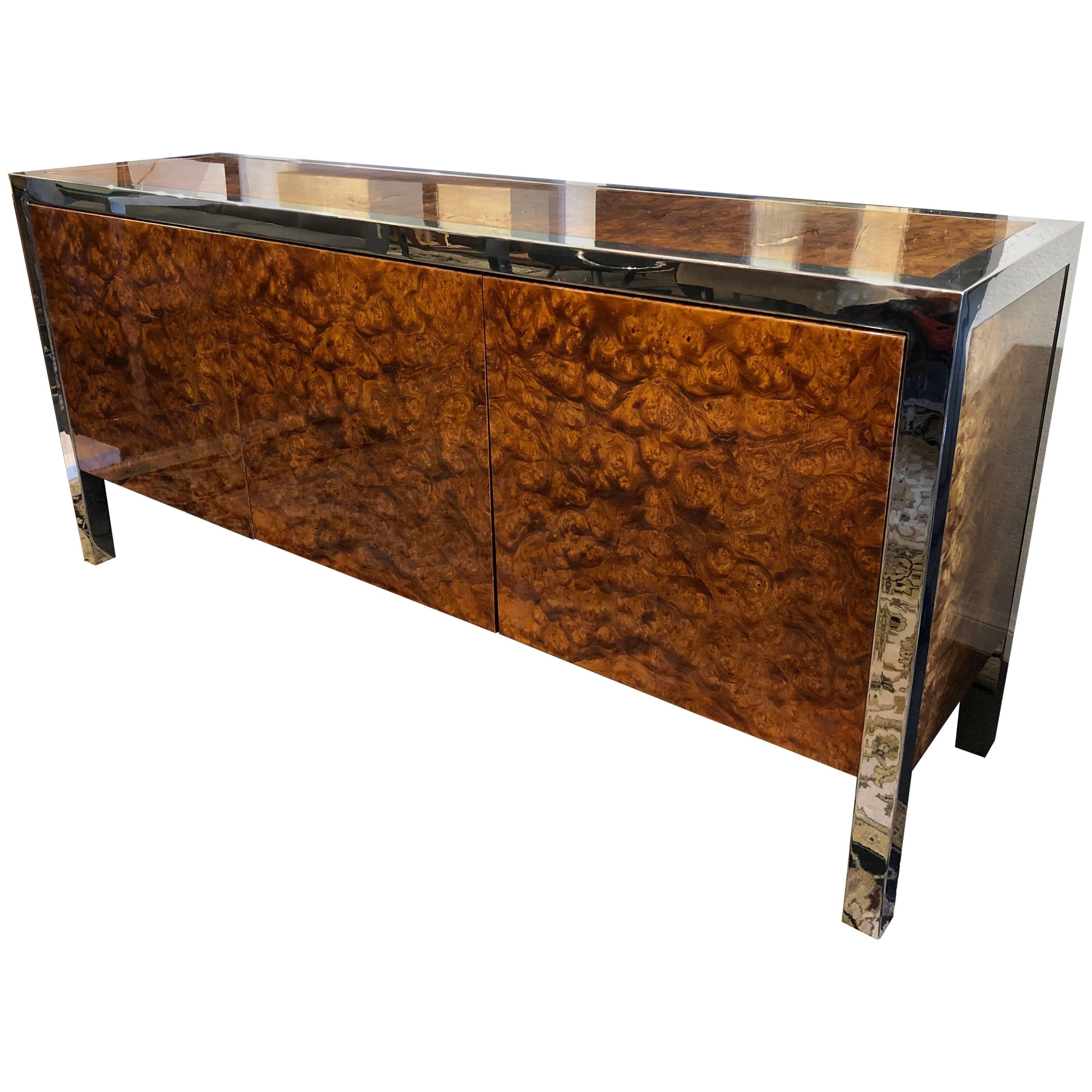 Leon Rosen for Pace Collection Olive Burl Stainless Credenza For Sale