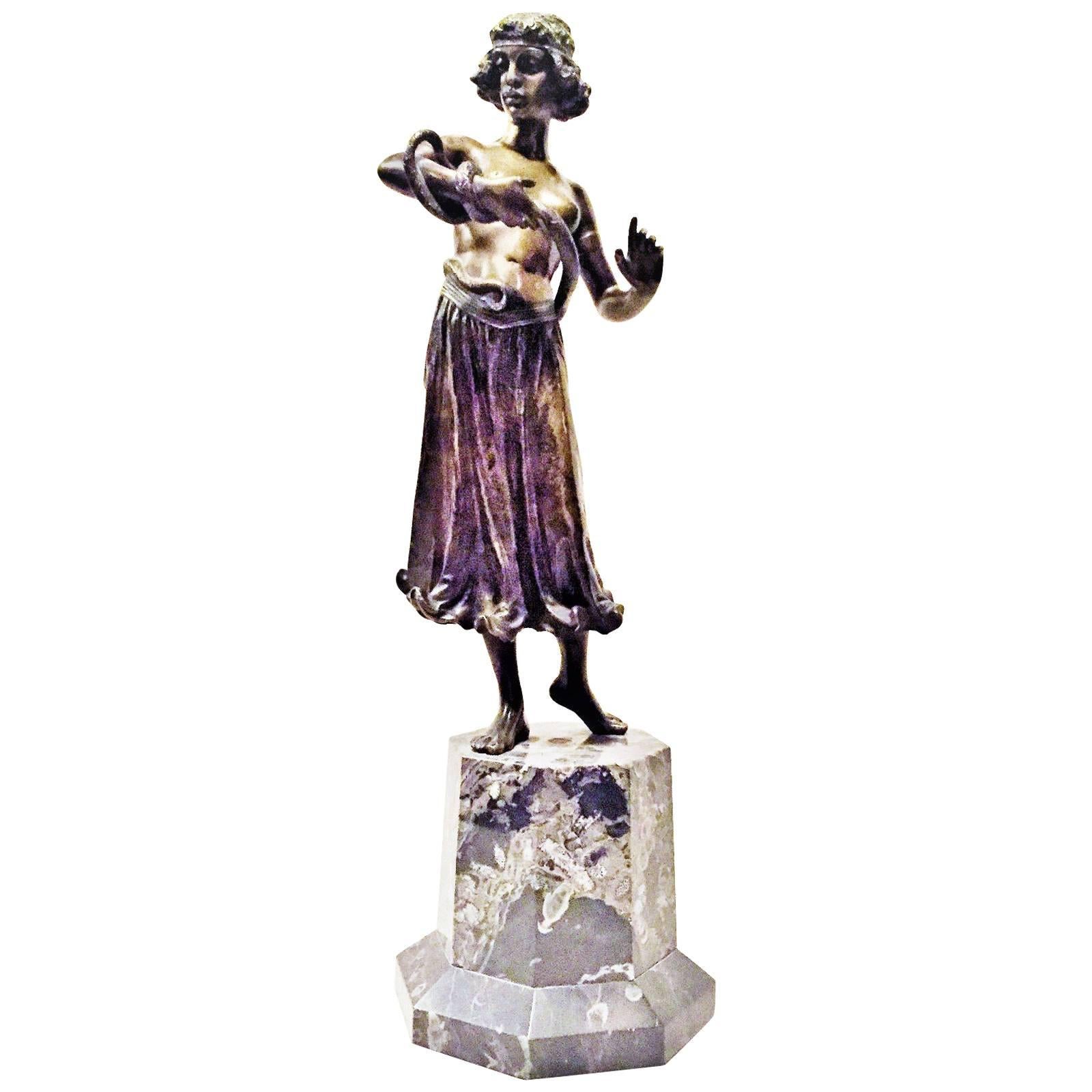 Dance with a Snake, Austrian Jugenstil Bronze and Marble Sculpture, circa 1900 For Sale