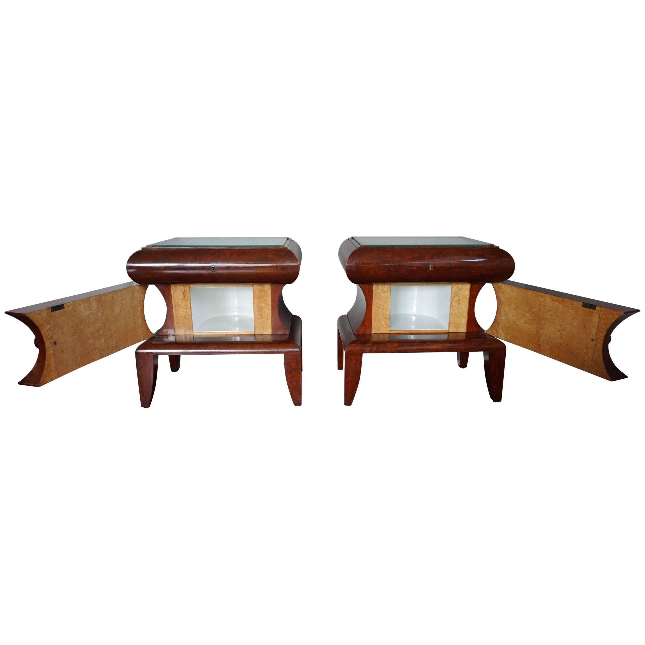 Stunning Art Deco Burl Walnut Nightstands / Bedside tables w. Porcelain Interior