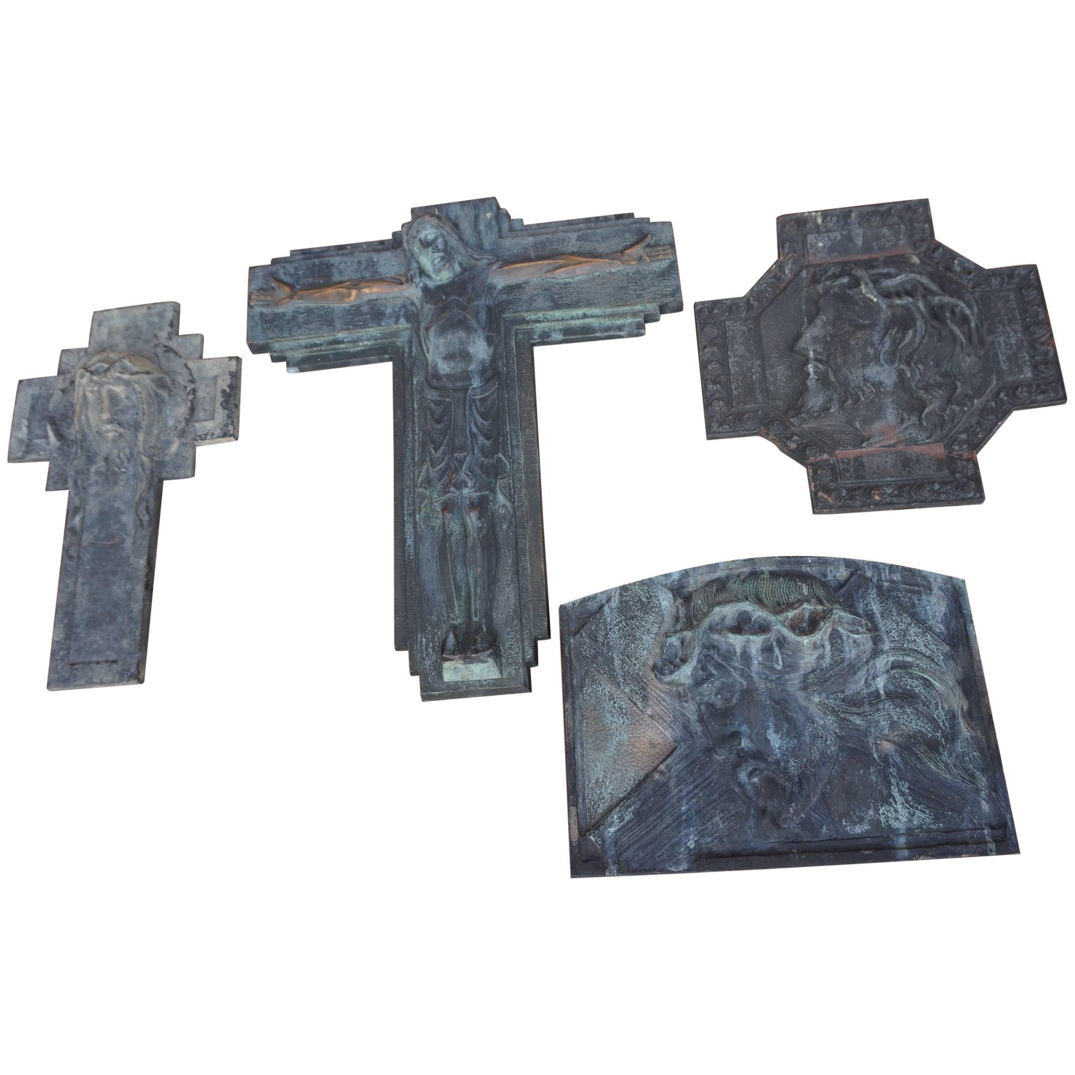 Group of Religious Art Deco Bronze Wall Plaques by Sylvain Norga Crucifix & More