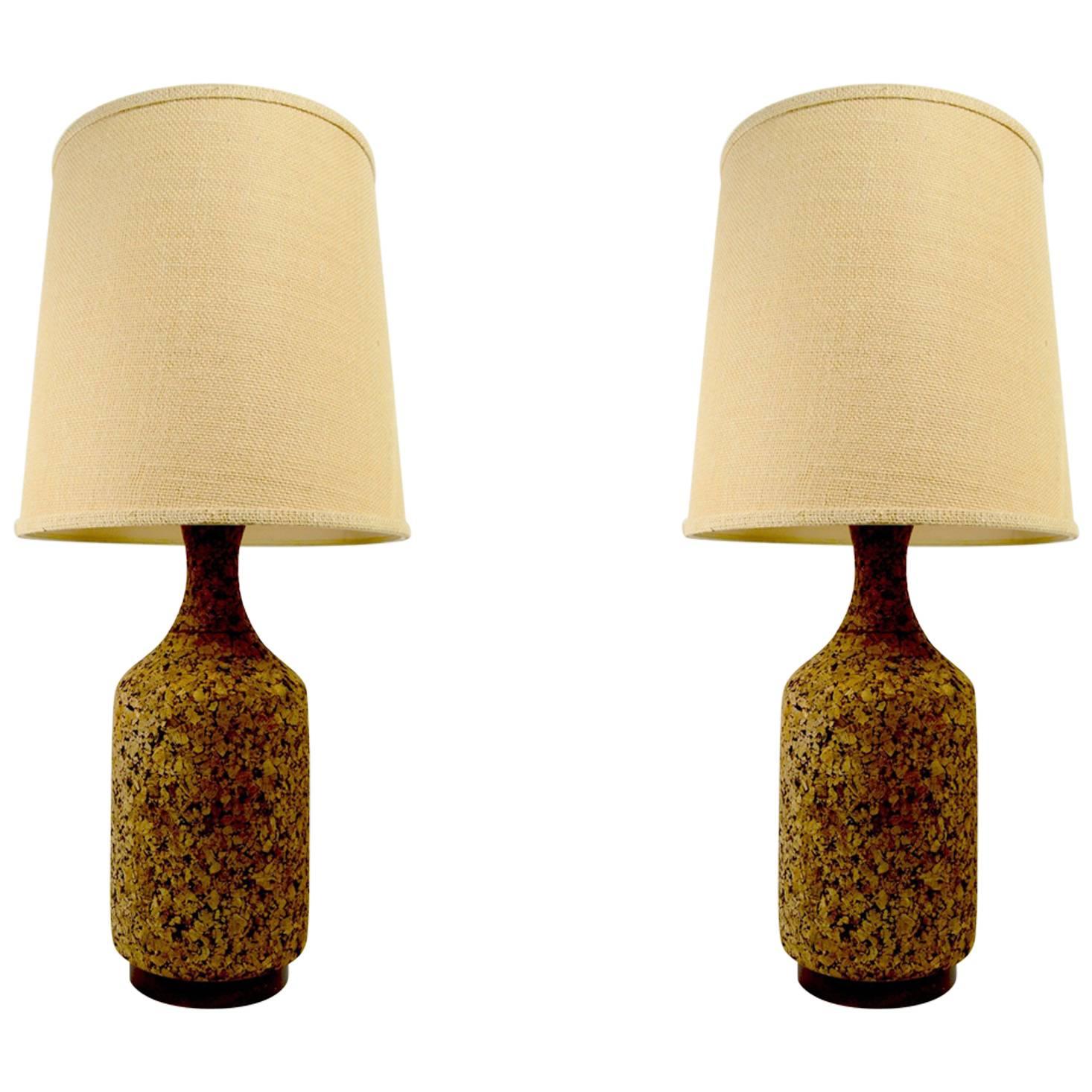 Pair of Cork and Wood Table Lamps