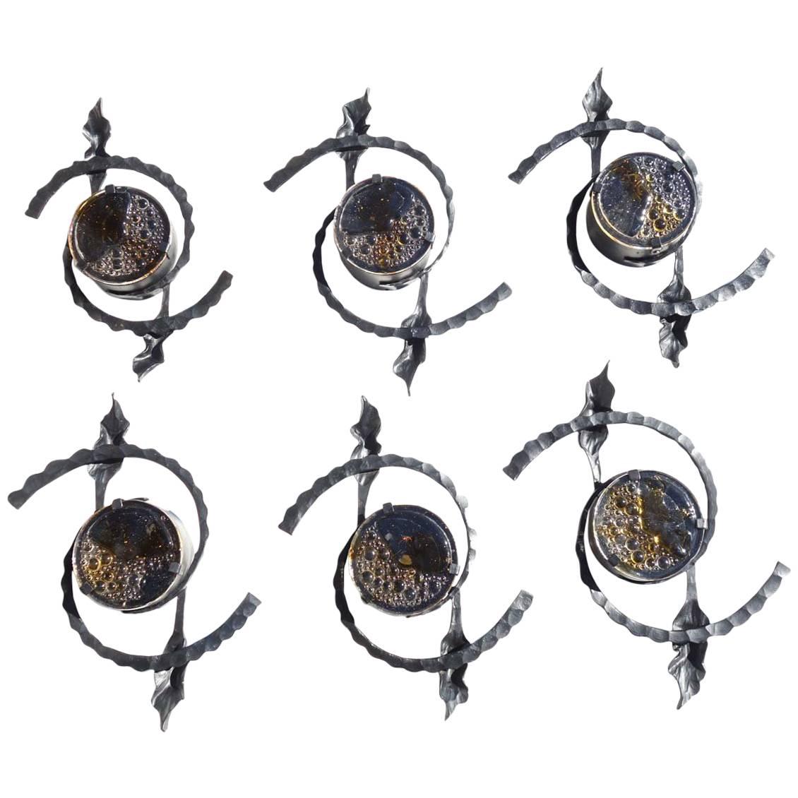 Six Brutalist 1960s Iron Glass Wall Lamps Sconces