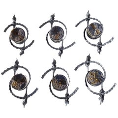 Six Brutalist 1960s Iron Glass Wall Lamps Sconces