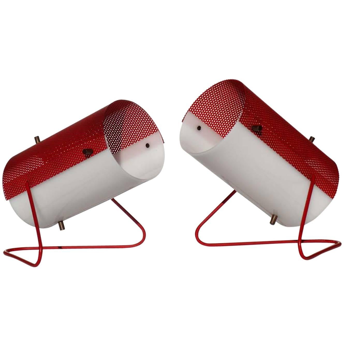 1960s by Stilux Italian Design White Red Pair of Table Lamps