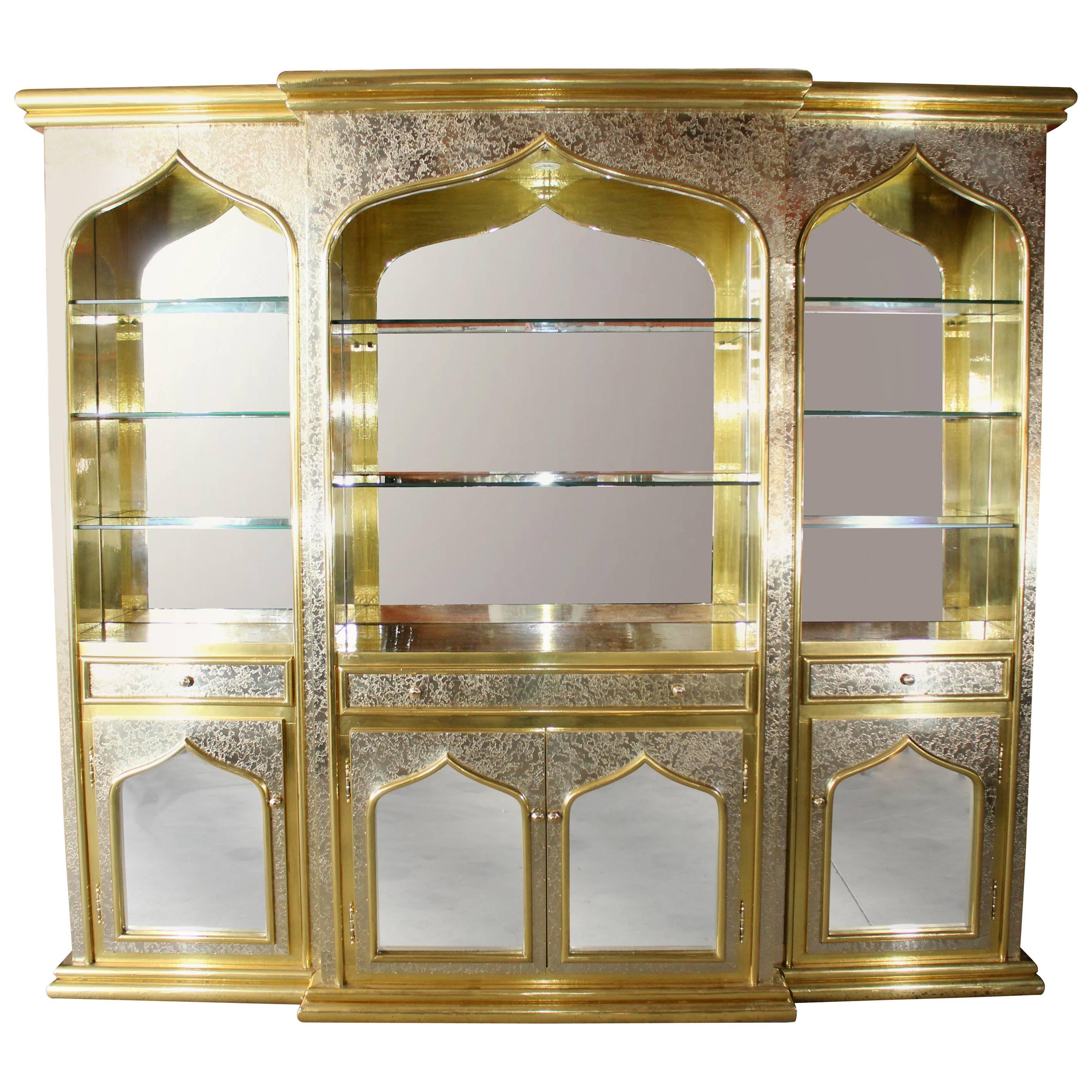1980s Gilded Brass and Mirrors Bookshelf Library by Gony Nava