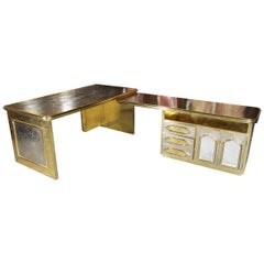 Vintage 1980s Extendible Gilded Brass Office Desk in the Style of Rodolfo Dubarry