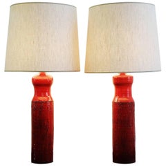 1960s Pair of Red Ceramic Lamps by Oswald Tieberghien