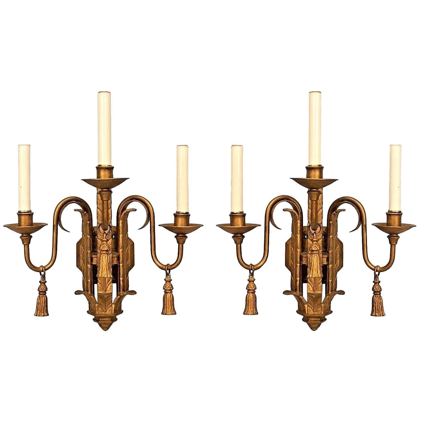 14 English Georgian Style Gold Painted Iron Tassel and Plume Wall Sconces